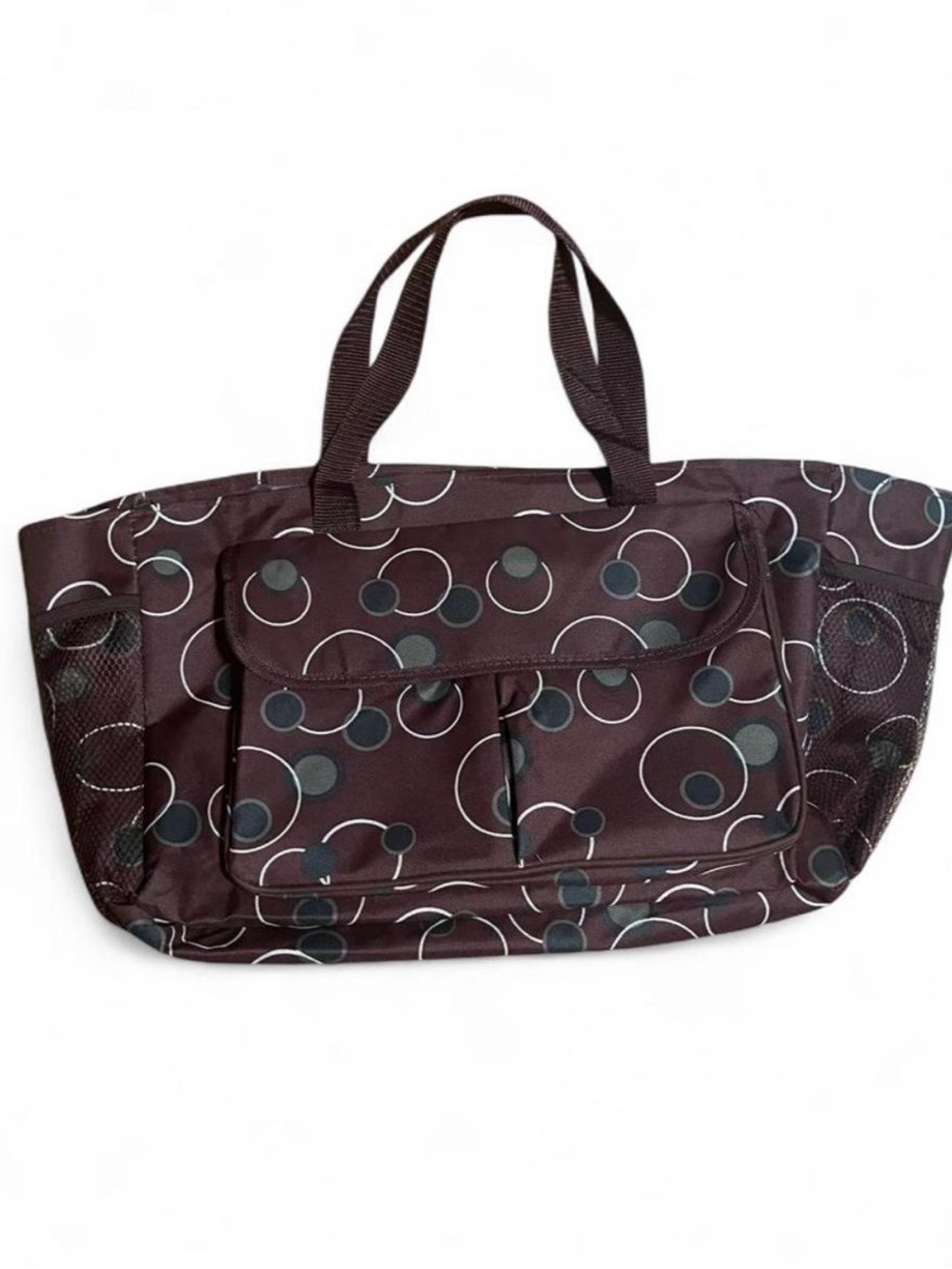 Stylish Circle-Print Tote Bag in Dark Brown, Green & White